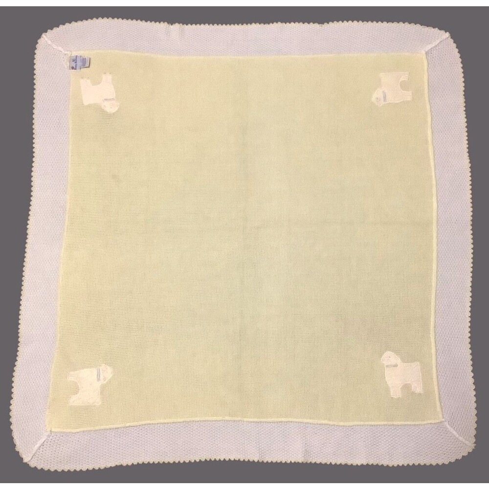 VTG Baby Kisses Yellow White Acrylic Weave Baby Baptism Blanket Embroidered Lamb - Picture 4 of 5